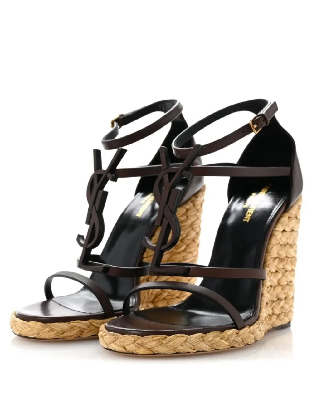 Saint Laurent Cassandra 105 Espadrille Wedge Sandals Brown Leather YSL NIB EU 39